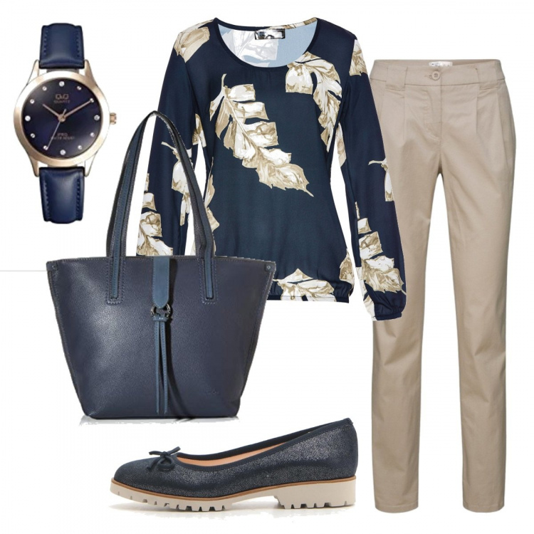 Outfit donna - Foglie di felce. Stile Basic per Ufficio. Abbinamento con bluse, pantaloni chino, ballerine, borse a tracolla, orologi analogici.