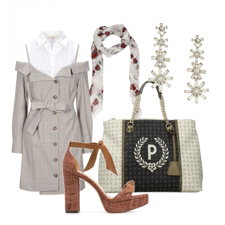 Outfit donna - Il foulard in primavera. Stile Trendy per Tutti i giorni. Abbinamento con vestiti corti, borse a mano, foulard, sandali, orecchini.