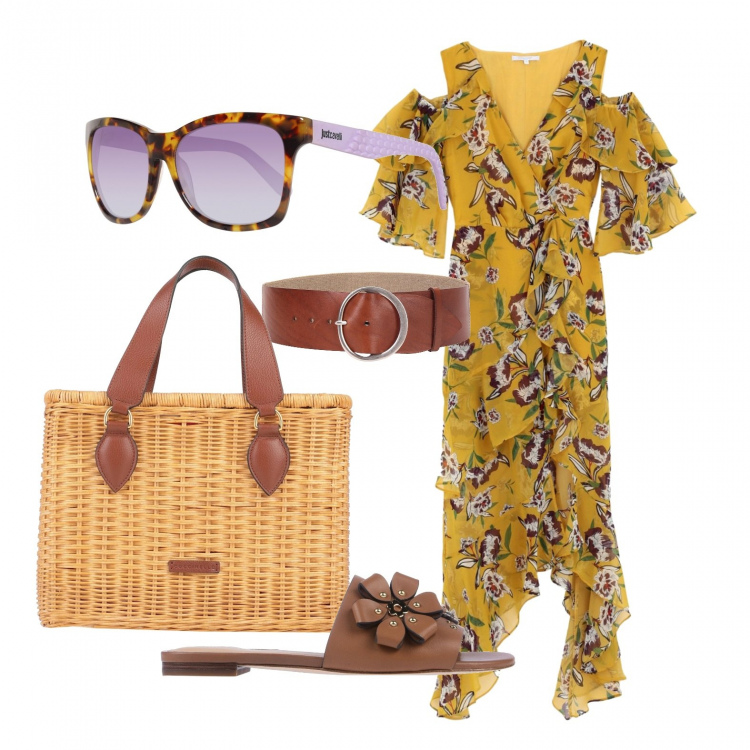 Outfit donna - L\'abito snake con la cintura. Stile Trendy per Tutti i giorni. Abbinamento con vestito longuette/midi, sandali, borsa a mano, cinture, occhiali da sole.
