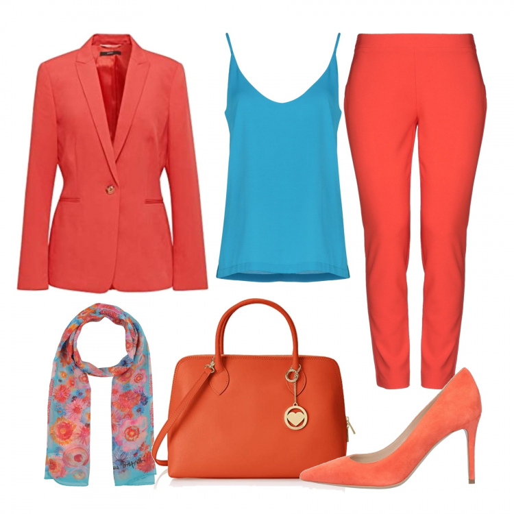 Outfit donna - Tailleur vitaminico. Stile Trendy per Ufficio. Abbinamento con pantaloni, sciarpe, top, décolleté, borse a mano, blazer.