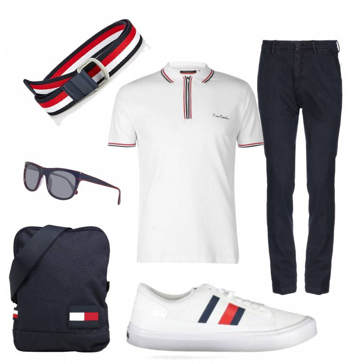 Outfit uomo - Domenica informale. Stile Casual per Tutti i giorni. Abbinamento con pantalone lungo, polo, scarpa sportiva, occhiali da sole, borsa, cinture.