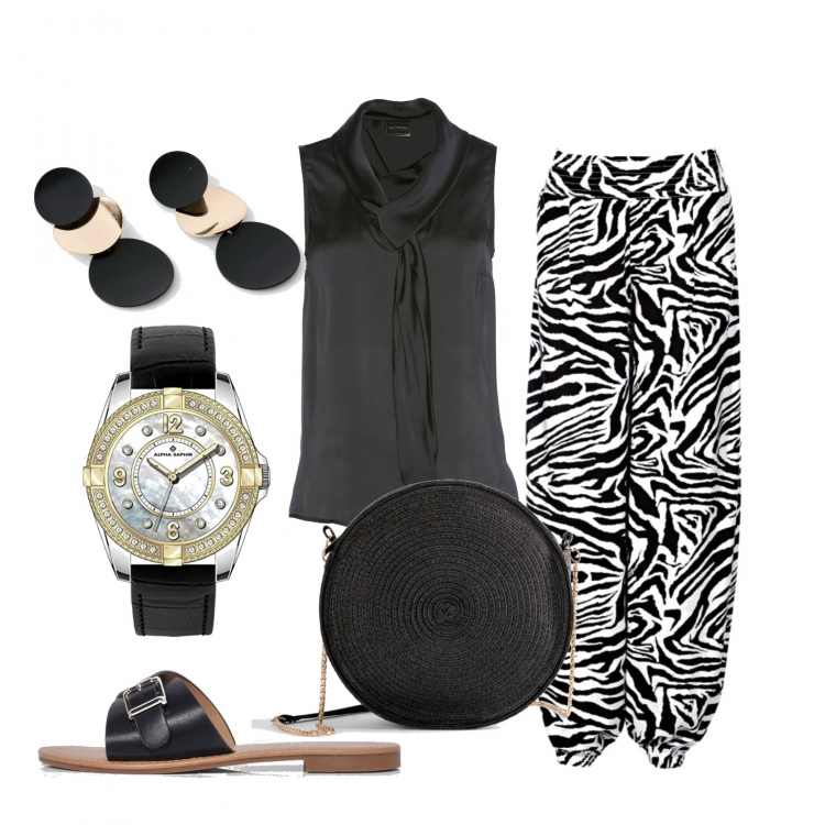 Outfit donna - Pantaloni zebra. Stile Trendy per Tutti i giorni. Abbinamento con pantaloni a palazzo, top, borse a spalla, orecchini, ciabatte, orologi.