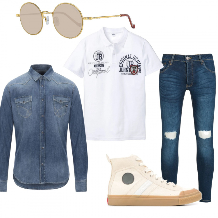 Outfit uomo - Trendy #3088. Stile Trendy per Tutti i giorni. Abbinamento con polo, camicie, sneakers, pantaloni, occhiali da sole.
