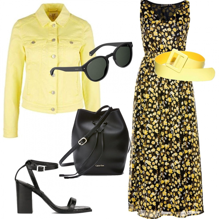 Outfit donna - Romantica e trendy a fiori gialli. Stile Bon Ton per Tutti i giorni. Abbinamento con vestiti, cintura, sandali in pelle, giubbotto, borsa a tracolla, occhiali da sole.