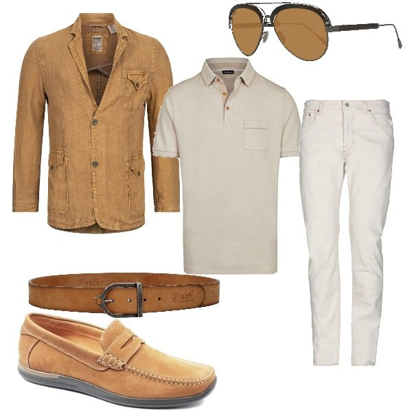 Outfit uomo - Lo stile safari per l\'estate. Stile Casual per Tutti i giorni. Abbinamento con pantalone lungo, cintura, scarpa, giacche, polo, occhiali da sole.