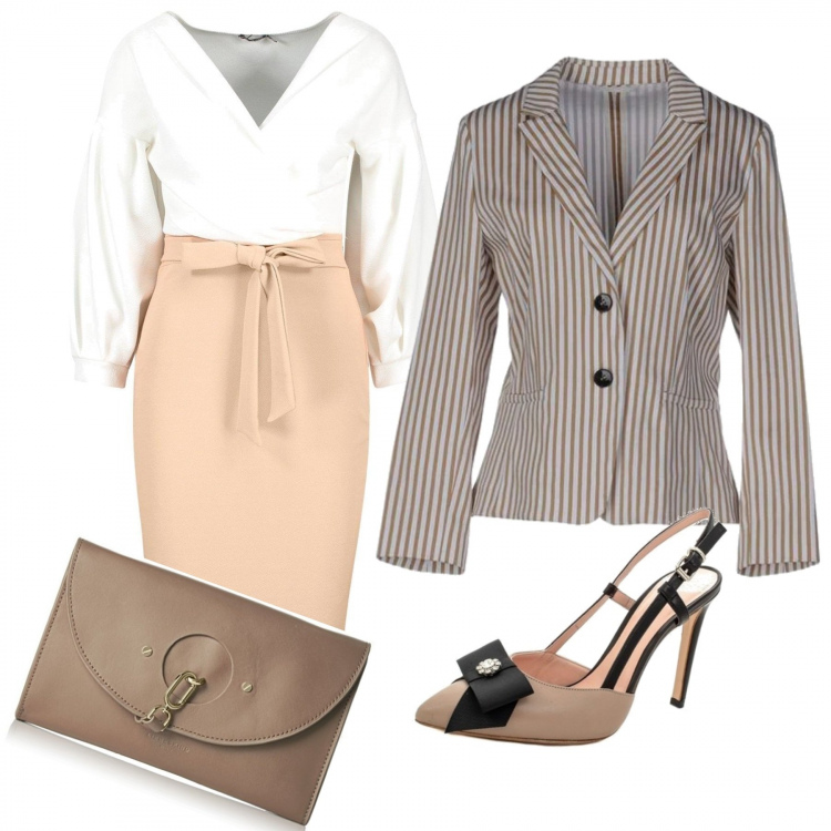 Outfit donna - Bon Ton neutro. Stile Bon Ton per Ufficio. Abbinamento con giacca, vestito longuette/midi, sandali in pelle, portafogli.