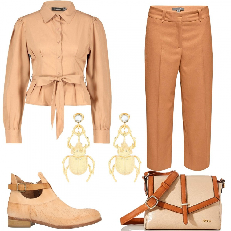 Outfit donna - Indiana Jones. Stile Basic per Tutti i giorni. Abbinamento con stivaletti, orecchini, camicia, pantaloni capri, borse a tracolla.