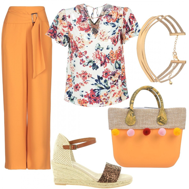 Outfit donna - Offerte di Maggio. Stile Basic per Tutti i giorni. Abbinamento con pantaloni, borse a mano, collane, camicie, sandali.