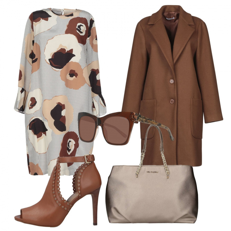 Outfit donna - Trendy #25646. Stile Trendy per Ufficio. Abbinamento con vestito corto, stivaletti, cappotti, borsa a mano, occhiali da sole.