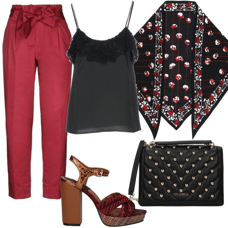Outfit donna - Offerte di Maggio. Stile Rock per Serata fuori. Abbinamento con pantaloni, top, borsa a spalla, fascia, sandali.