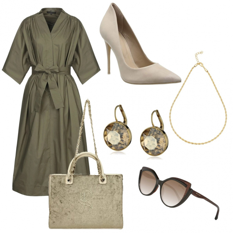 Outfit donna - Voglia di uscire. Stile Urban per Ufficio. Abbinamento con vestito longuette/midi, collane, borse a mano, occhiali da sole, scarpa col tacco, orecchini.