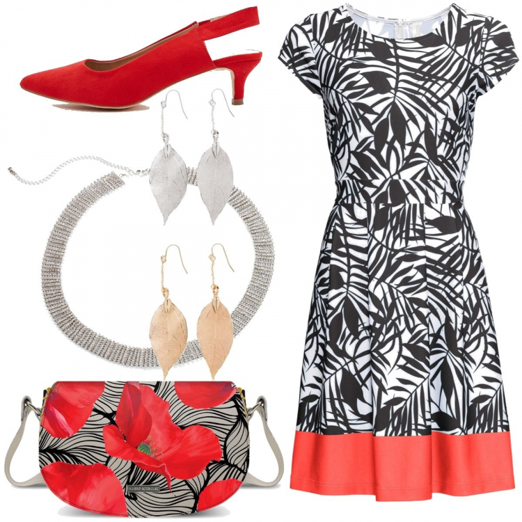 Outfit donna - Vestito e Cintura. Stile Bon Ton per Cerimonia. Abbinamento con vestiti, cintura, orecchini, scarpe col tacco, borsa a tracolla.
