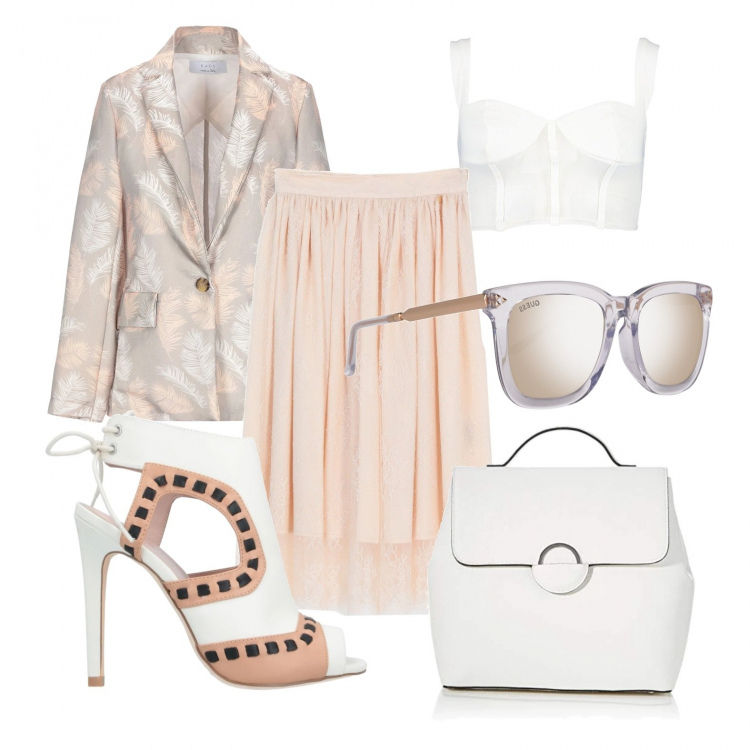 Outfit donna - Colori tenui per la primavera. Stile Bon Ton per Tutti i giorni. Abbinamento con sandali con tacco, gonne longuette, giacca, top, borse a mano, occhiali da sole.
