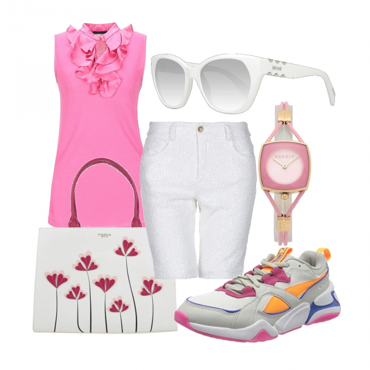 Outfit donna - Trendy con gli shorts. Stile Trendy per Tutti i giorni. Abbinamento con top, borsa a mano, shorts, orologi, sneakers, occhiali da sole.