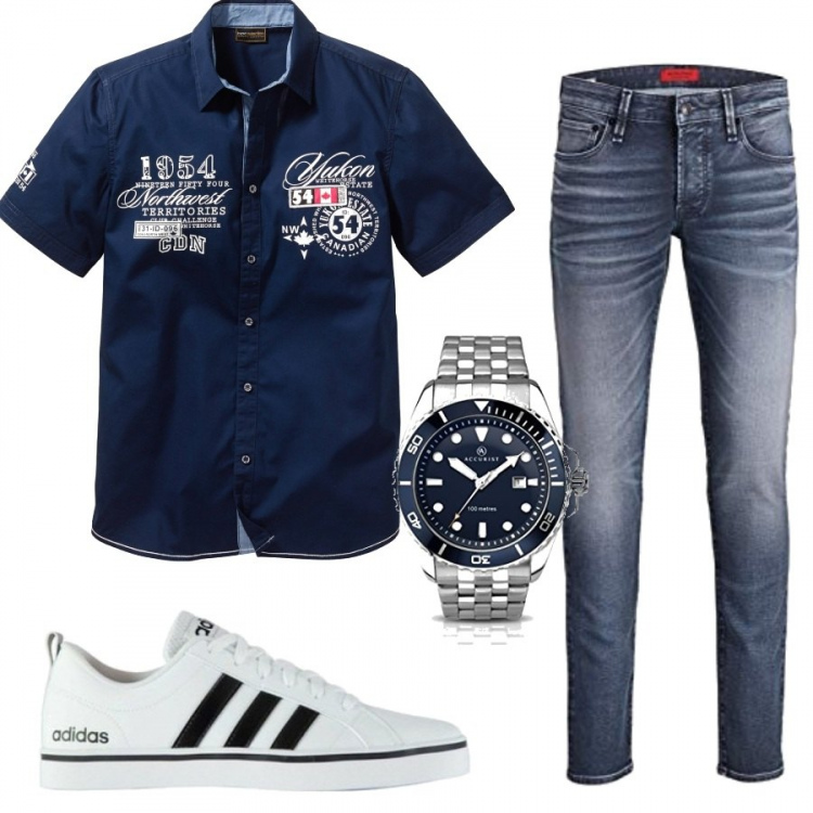Outfit uomo - Dopo il lavoro. Stile Trendy per Serata speciale. Abbinamento con camicie a manica corta, sneakers, jeans, orologi.