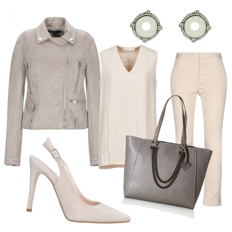 Outfit femme - Tons neutres. Style Tendance pour Tous les jours. Assortir avec sac à main, chaussures à talon, pantalon , manteaux, boucles d'oreilles.