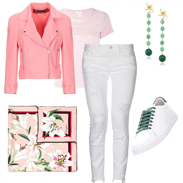Outfit donna - Foulard primaverile. Stile Trendy per Tutti i giorni. Abbinamento con pantalone lungo, blazer, foulard, t-shirt, sneakers alte, orecchini.