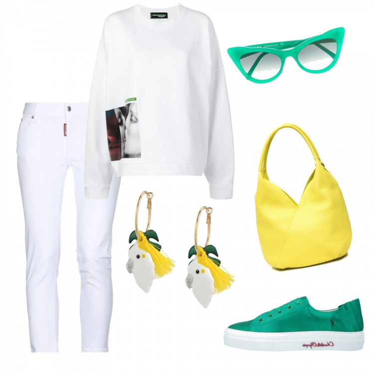 Outfit donna - Orecchini caraibici. Stile Trendy per Tutti i giorni. Abbinamento con orecchini, sneakers, pantalone lungo, felpa, occhiali da sole, borsa.