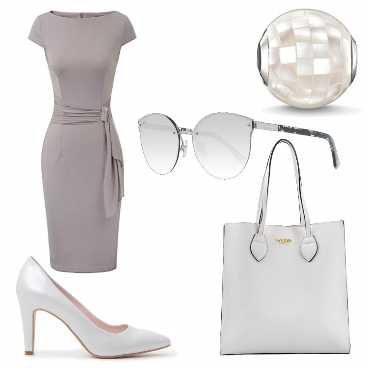 Outfit donna - Chic #13729. Stile Chic per Ufficio. Abbinamento con borse a mano, vestiti midi/longuette, ciondoli, occhiali da sole, décolleté.