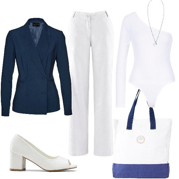 Outfit donna - Lavoro in bianco e blu. Stile Basic per Ufficio. Abbinamento con pantaloni, décolleté, blazer, borse a mano, top, collane.