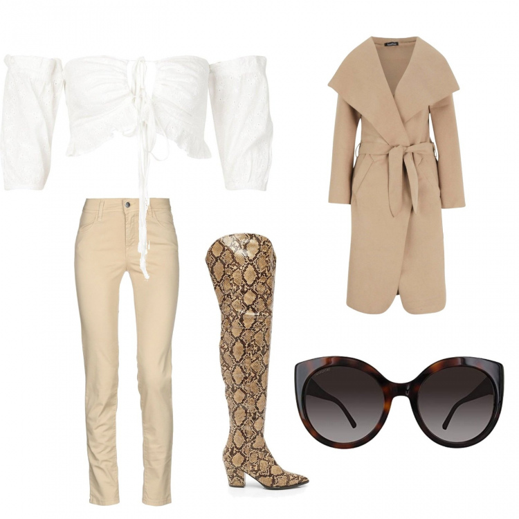 Outfit mujer - Tierra. Estilo Sexy para Noche/Fiesta elegante. Combinación con gafas de sol, chal, pantalone, botas cowboy, top.