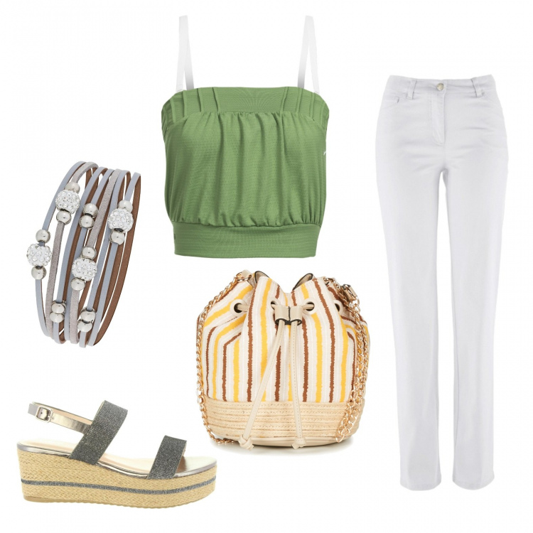 Outfit donna - Passeggiata pomeridiana. Stile Basic per Tutti i giorni. Abbinamento con pantaloni, maglieria, borsa a tracolla, top sportivo, sandali.