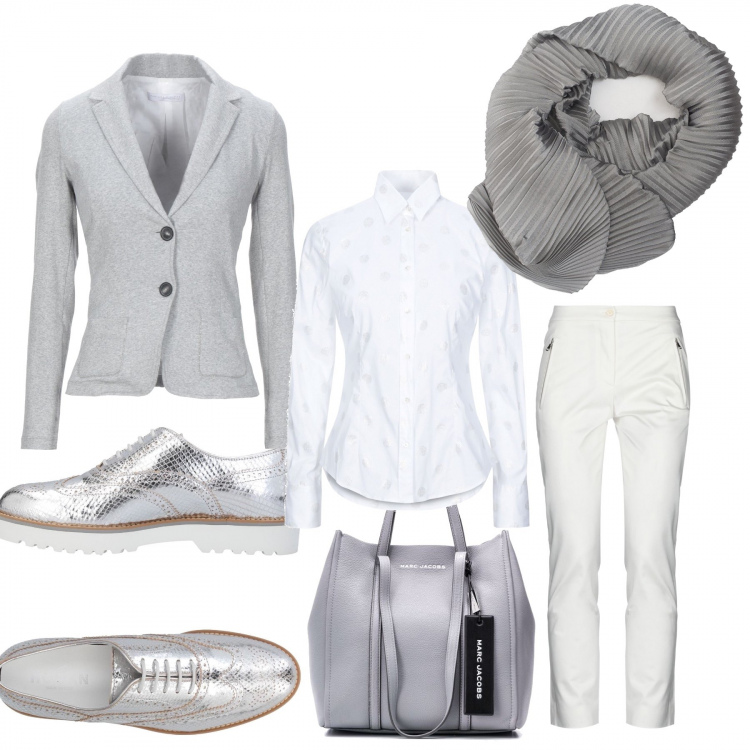 Outfit donna - Sfumature di grigio. Stile Bon Ton per Ufficio. Abbinamento con scarpe stringate, pantaloni, blazer, camicie, sciarpe, borse tote.