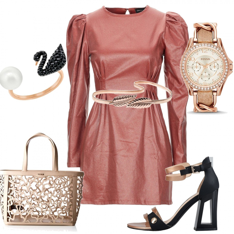 Outfit femme - Femme en Cuir et or. Style Sexy pour Soirée dehors. Assortir avec ceintures, robes courtes, sacs à main, bagues.