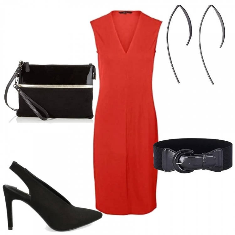 Outfit mujer - The Lady In Red. Estilo Sexy para Noche/Fiesta elegante. Combinación con vestidos cortos, cinturón, pendientes, clutch, zapatos de tacón.