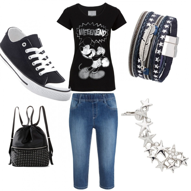 Outfit donna - Low cost giornaliero. Stile Basic per Tutti i giorni. Abbinamento con t-shirt, jeggings, bluse, scarpe sportive, zaino, felpe con cappuccio.