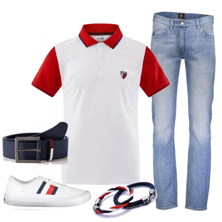 Outfit uomo - La polo chiara. Stile Trendy per Tutti i giorni. Abbinamento con braccialetti, polo, scarpa sportiva, cinture, jeans.
