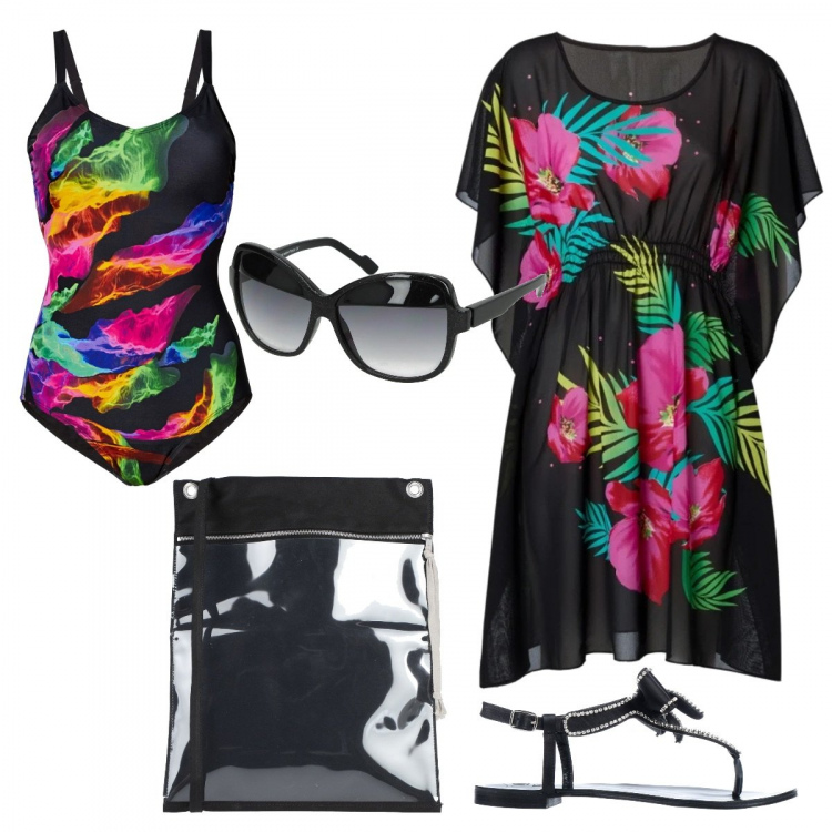 Outfit donna - Estate fluo. Stile Basic per Mare. Abbinamento con costumi interi, vestiti da spiaggia, infradito, borsa a spalla, occhiali da sole.