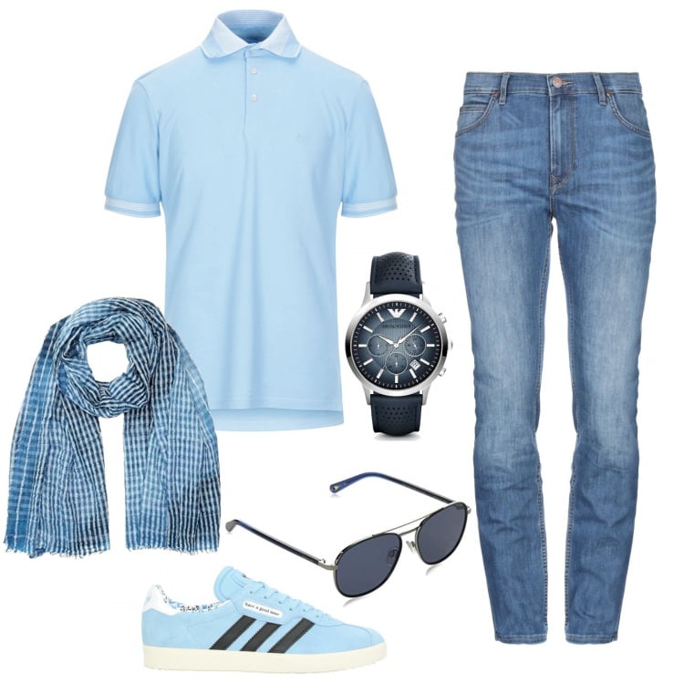 Outfit uomo - Polo celeste e jeans. Stile Casual per Tutti i giorni. Abbinamento con sneakers, jeans, polo, orologi, sciarpe.