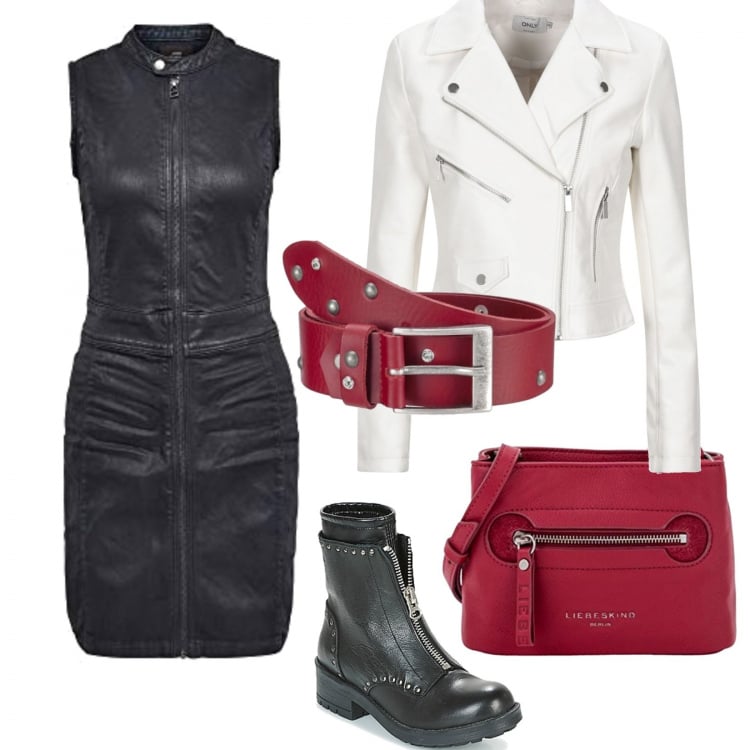 Outfit mujer - Motera. Estilo Rock para Todos los días. Combinación con vestidos sin mangas, abrigos.