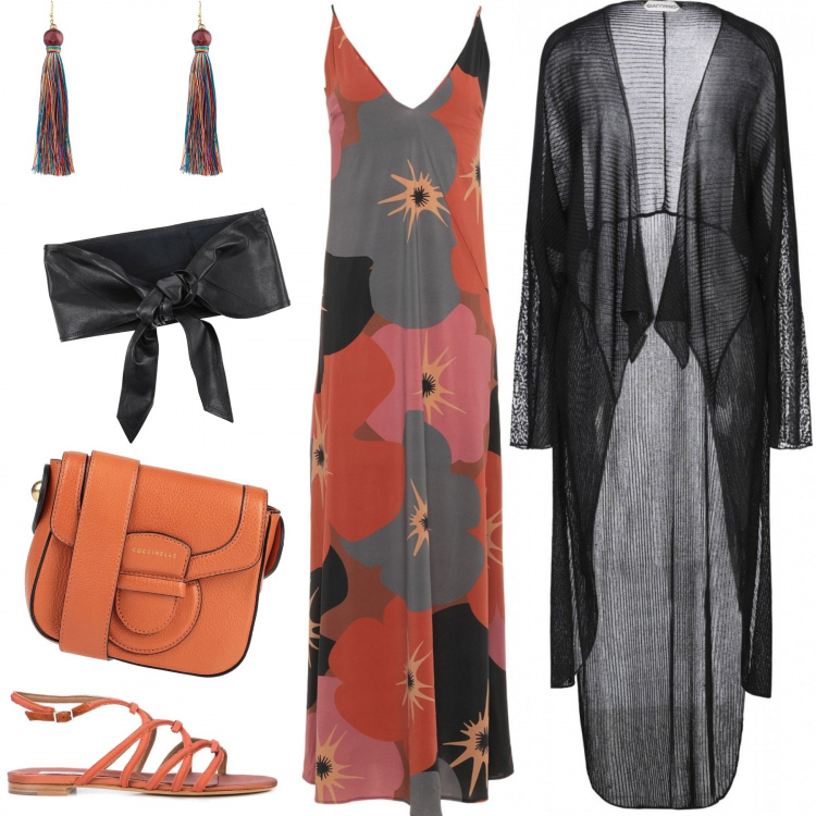 Outfit donna - Abito con cintura. Stile Etnico per Serata fuori. Abbinamento con vestito senza maniche, cardigans, borse a spalla, cinture, orecchini, sandali.