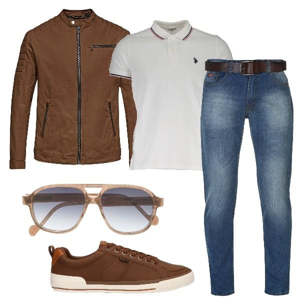 Outfit uomo - Polo bianca + jeans. Stile Urban per Tutti i giorni. Abbinamento con polo, occhiali da sole, jeans, giacche, scarpa sportiva.
