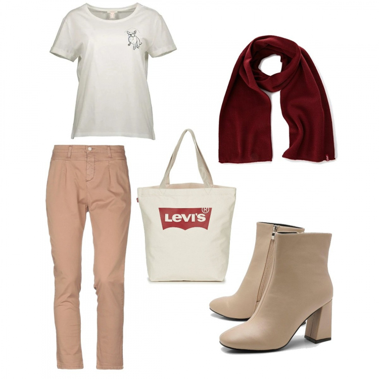 Outfit mujer - Trendy #25991. Estilo Trendy para Todos los días. Combinación con camiseta, bufanda, bolso tote, zapato, pantalone.