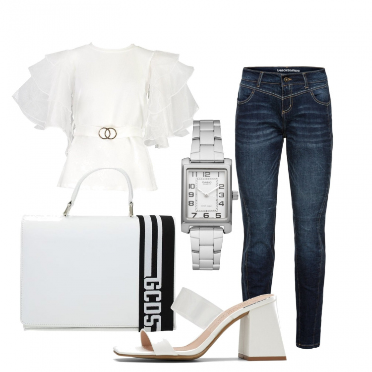 Outfit donna - Jeans e t-shirt. Stile Trendy per Tutti i giorni. Abbinamento con jeans boyfriend, ciabatte, orologi, top, borsa a mano.