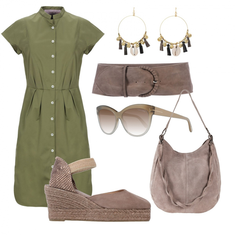Outfit donna - Trendy #25861. Stile Trendy per Tutti i giorni. Abbinamento con borse a mano, vestiti corti, scarpa col tacco, orecchini, cinture, occhiali da sole.