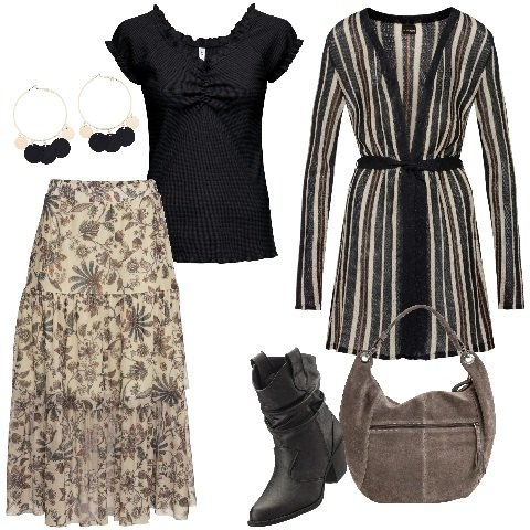 Outfit donna - Shopping su BonPrix!. Stile Etnico per Tutti i giorni. Abbinamento con stivaletti texani, gonna, reggiseni, cardigans, shopping bag, orecchini.