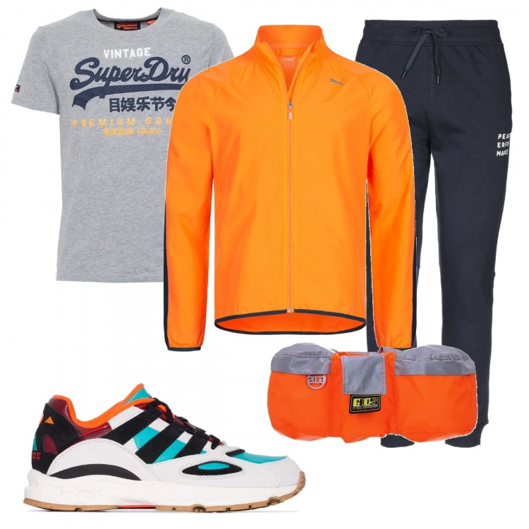 Outfit uomo - Domenica in bici. Stile Casual per Sport. Abbinamento con pantalone lungo, borse sportive, sneakers, t-shirt, giubbotto.