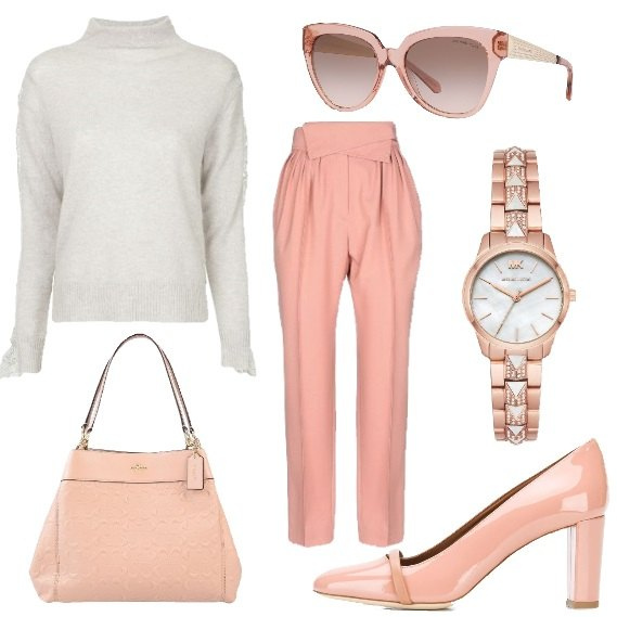 Outfit mujer - Tonos neutros. Estilo Bon Ton para Oficina. Combinación con pantalones, zapatos de tacón, gafas de sol, orologio con strass, jerséis.