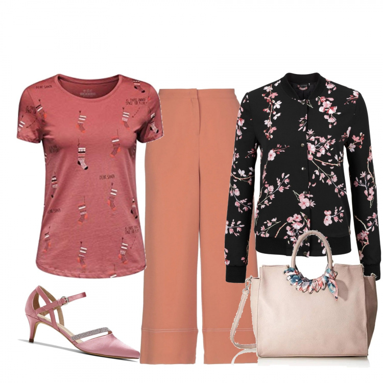 Outfit donna - Basic #16367. Stile Basic per Tutti i giorni. Abbinamento con bomber, décolleté, pantalone lungo, t-shirt, borsa tote.