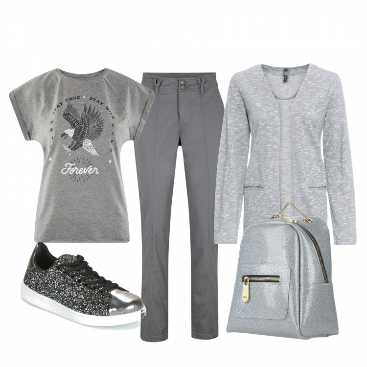 Outfit donna - Basic #16375. Stile Basic per Tutti i giorni. Abbinamento con zaino, vestiti midi/longuette, blazer, sneakers, t-shirt.