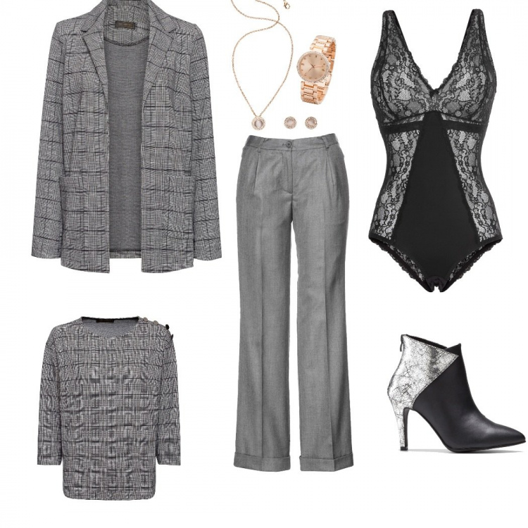 Outfit donna - Outsider. Stile Chic per Tutti i giorni. look ideale per Tall. Abbinamento con body, pantaloni, tunica, blazer, stivaletti, orecchini.