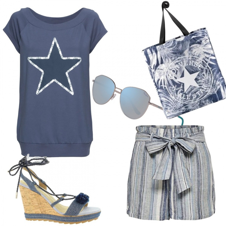 Outfit donna - Shopping estivo. Stile Basic per Tutti i giorni. Abbinamento con t-shirt, shopping bag, shorts, sandali, occhiali da sole.
