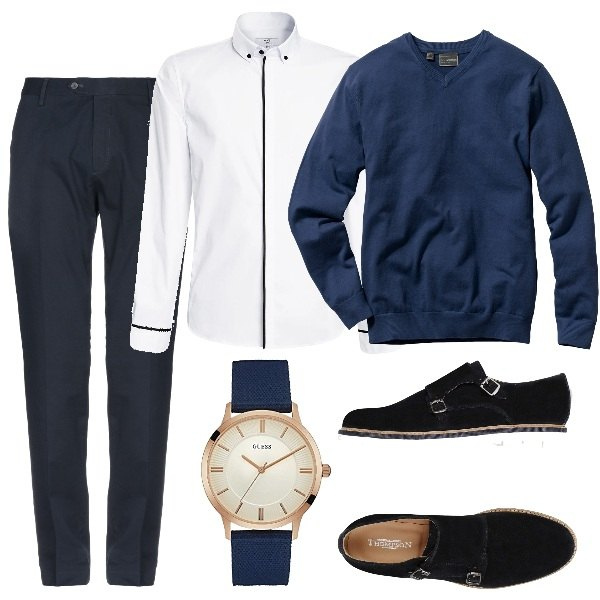 Outfit uomo - Maglioncino sulle spalle. Stile Urban per Tutti i giorni. Abbinamento con maglieria, scarpe stringate, pantalone lungo, orologi, camicie.