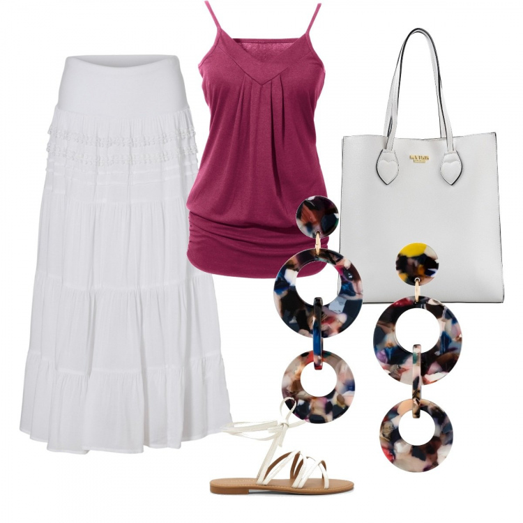 Outfit donna - Maxigonna style. Stile Etnico per Tutti i giorni. Abbinamento con top, gonne lunghe, orecchini, borse a mano, sandali.