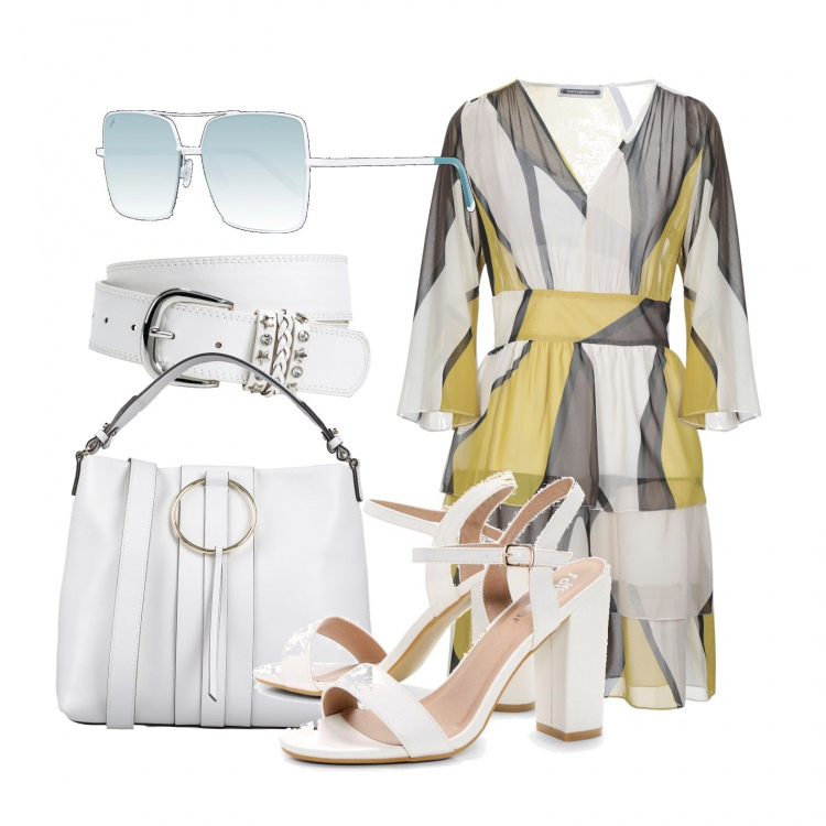 Outfit donna - Sandali bianchi sempre al top. Stile Trendy per Tutti i giorni. Abbinamento con cinture, vestiti corti, borsa a mano, scarpa col tacco, occhiali da sole.