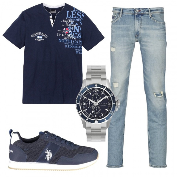 Outfit uomo - Tante scritte. Stile Urban per Tutti i giorni. Abbinamento con t-shirt, jeans, sneakers, orologi.